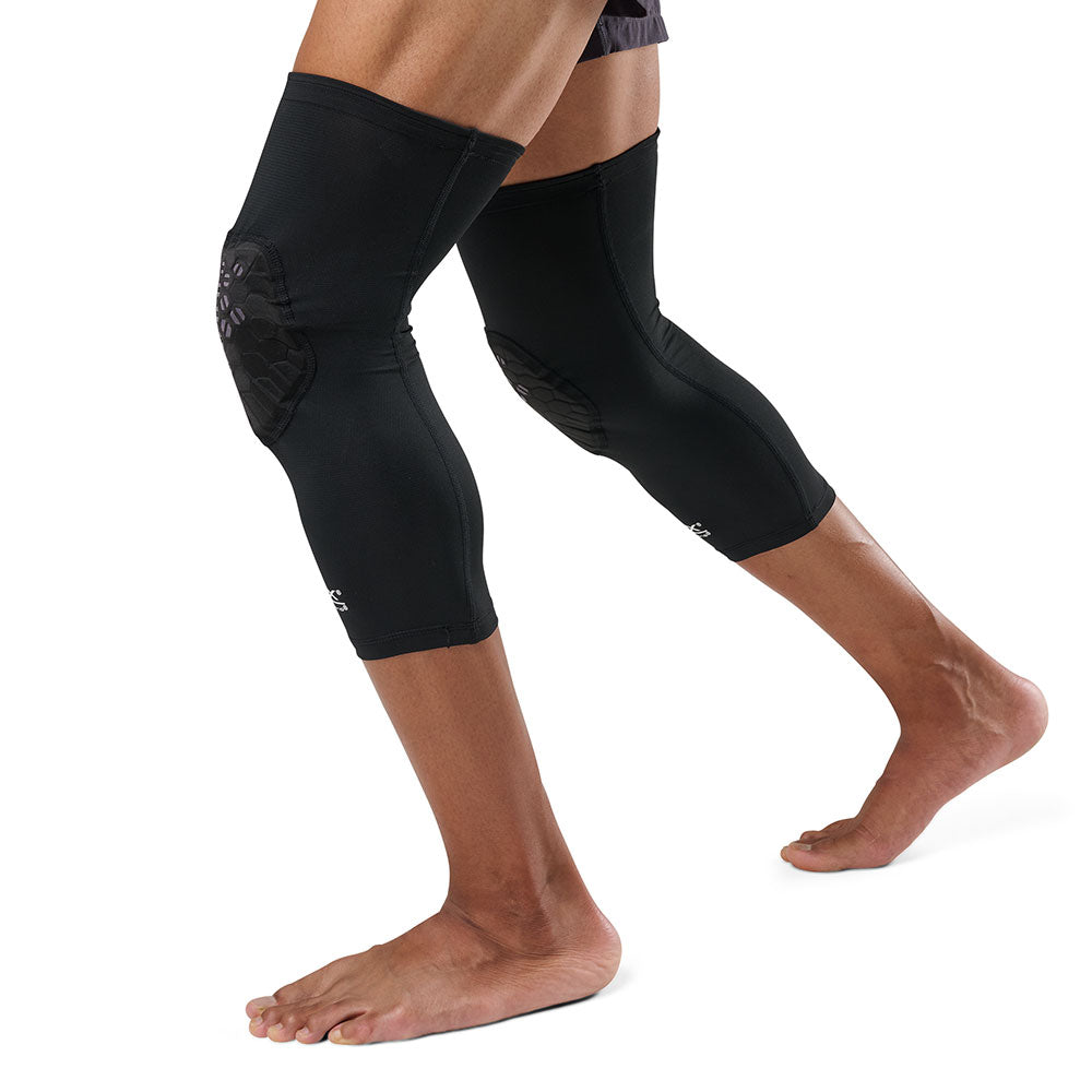 McDavid HEX Viz Leg Sleeve Pair - Black/Grey - Model Wearing Sleeves on Both Legs - Side View