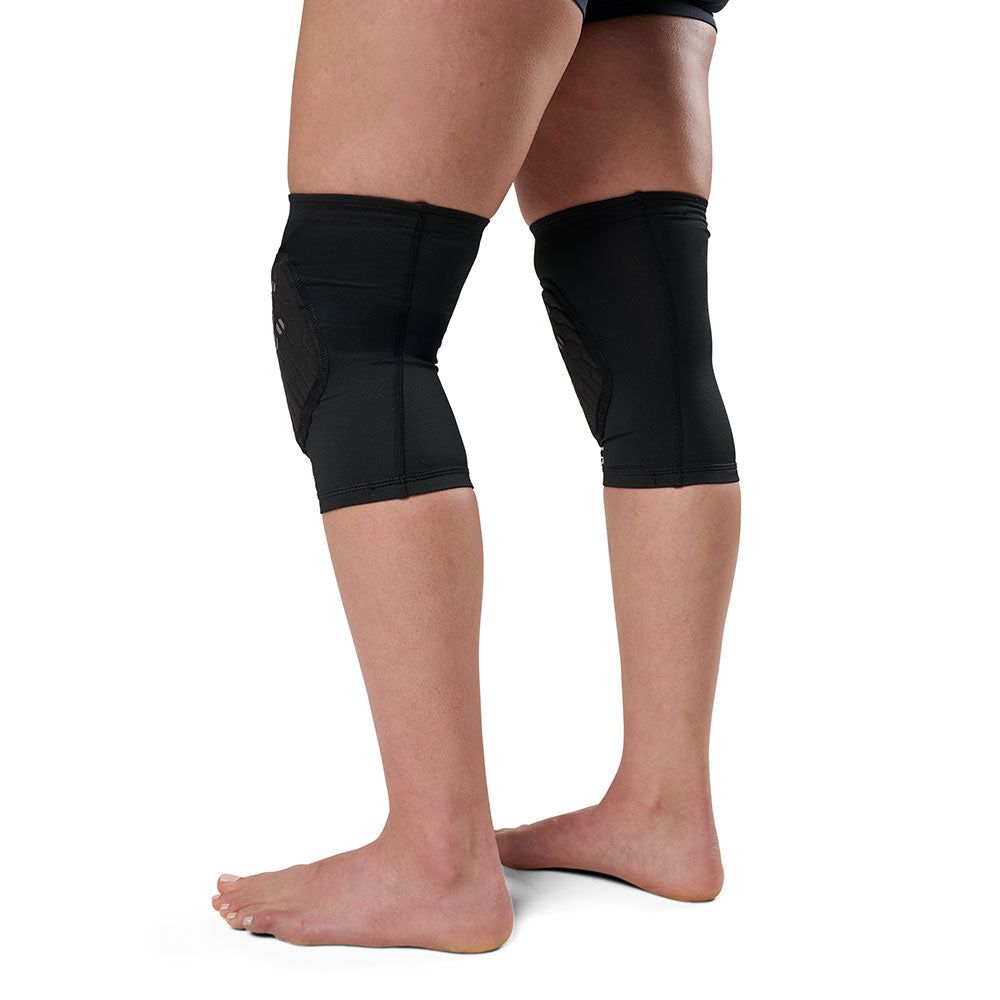 McDavid HEX Viz Knee/Elbow Pad Pair - Black/Grey -Shown on Model's Knees Back View