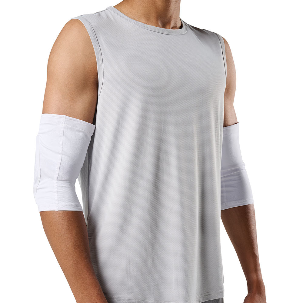 McDavid HEX Viz Knee/Elbow Pad Pair - White/Grey -Shown on Model's Elbows - Front View