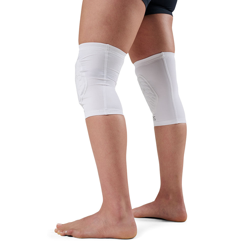 McDavid HEX Viz Knee/Elbow Pad Pair - White/Grey -Shown on Model's Shins - Side View