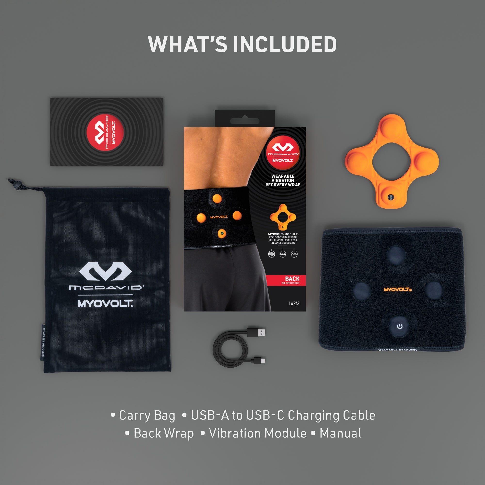 What's Included: 1) Carry Bag 2) USB-A to USB-C Charging Cable 3) Back Wrap 4) Vibration Module 5) Manual