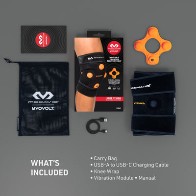 What's Included: 1) Carry Bag 2) USB-A to USB-C Charging Cable 3) Knee Wrap 4) Vibration Module 5) Manual