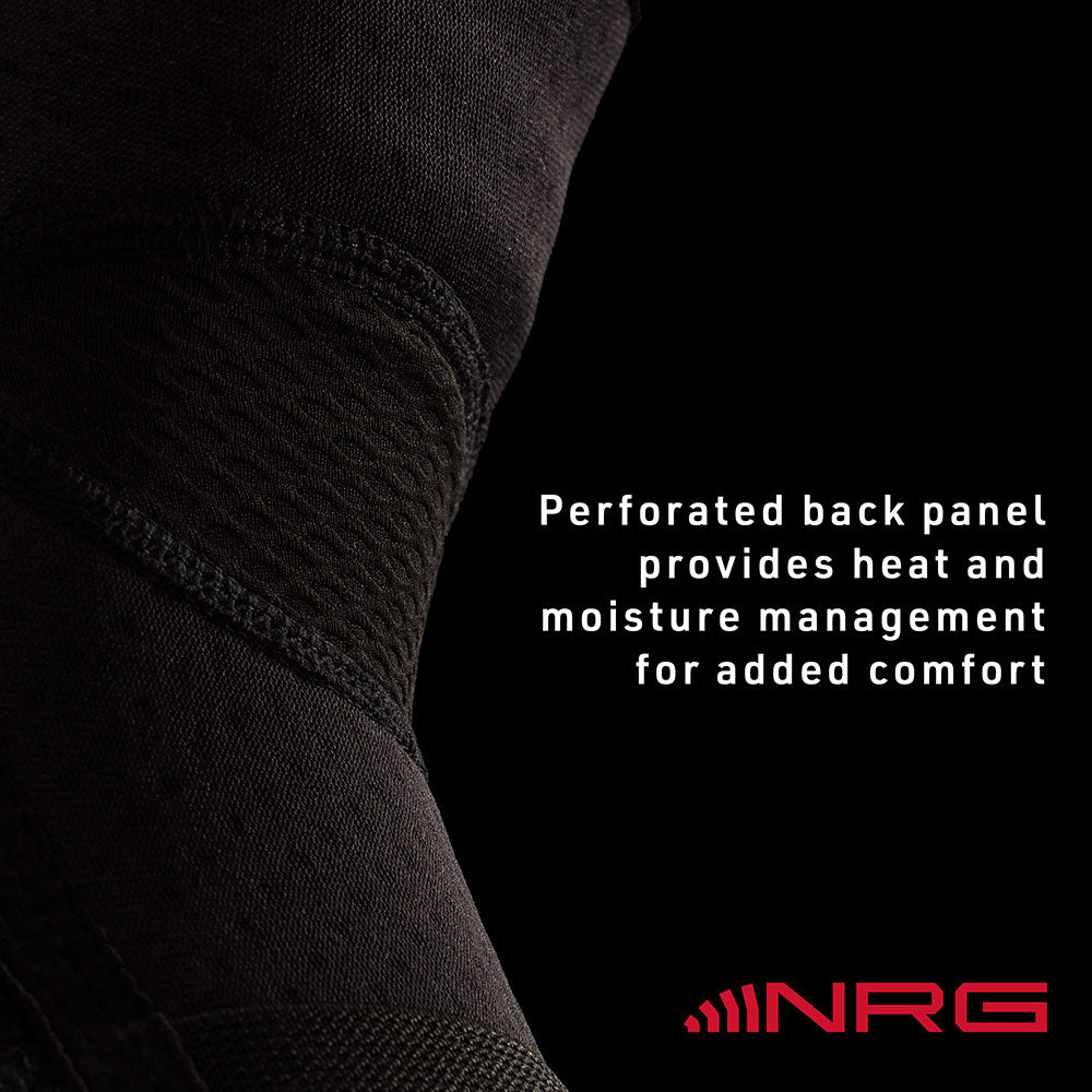 Perforated back panel provides heat and moisture management for added comfort.
