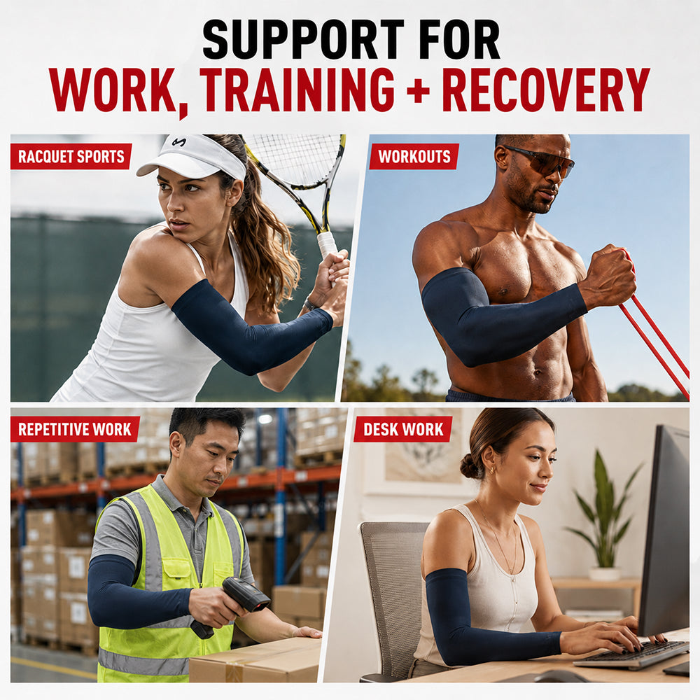 Four people wearing the Navy McDavid Buttersoft arm sleeve while playing tennis, working out with a resistance band, scanning boxes in a warehouse, and typing at a desk.