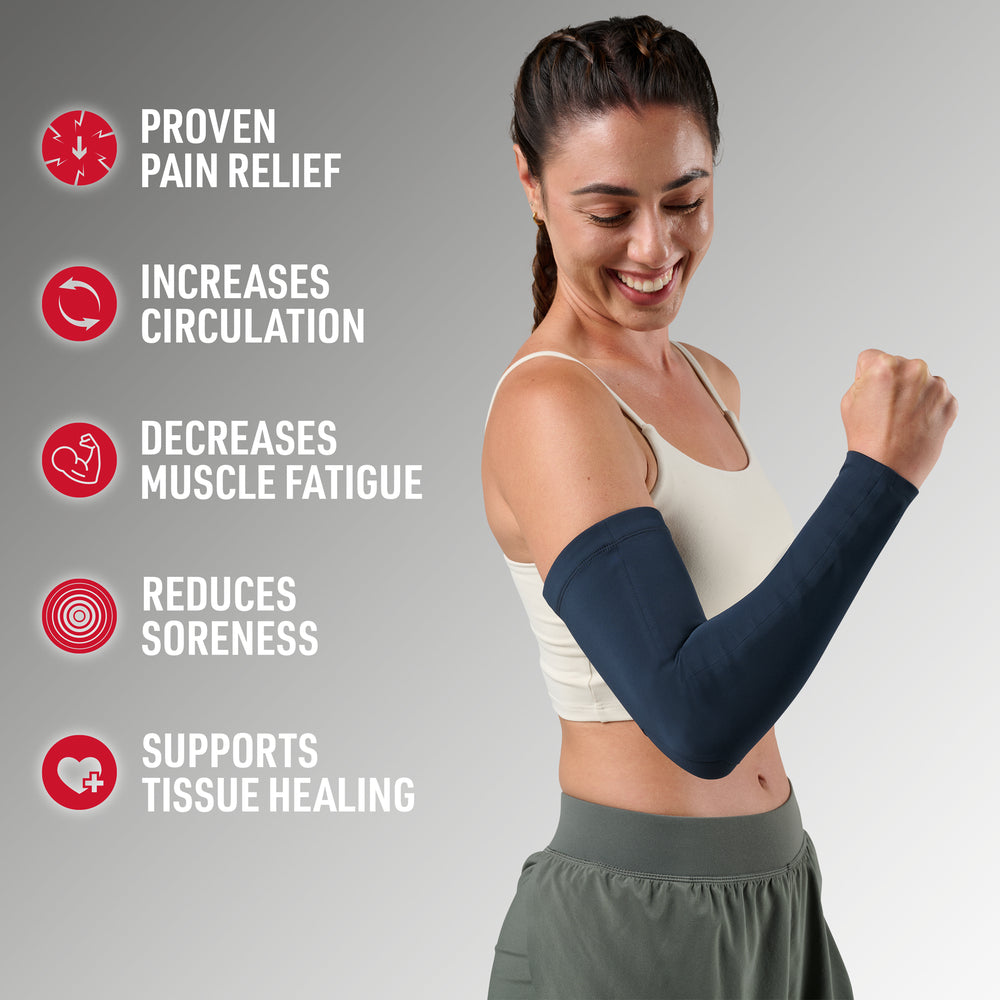 Woman smiling with fist raised wearing a navy Infused Buttersoft arm sleeve, listing benefits: proven pain relief, increases circulation, decreases muscle fatigue, reduces soreness, supports tissue healing