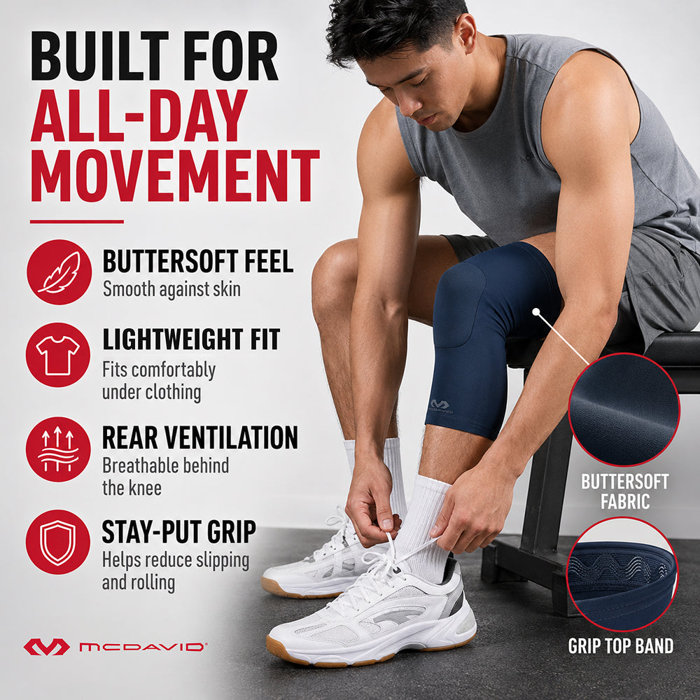 Man sitting on a bench tying his shoe while wearing the Navy McDavid Buttersoft knee sleeve, with close-ups of its soft fabric and grip top band. Features include a buttersoft feel, lightweight fit, rear ventilation, and a stay-put grip.