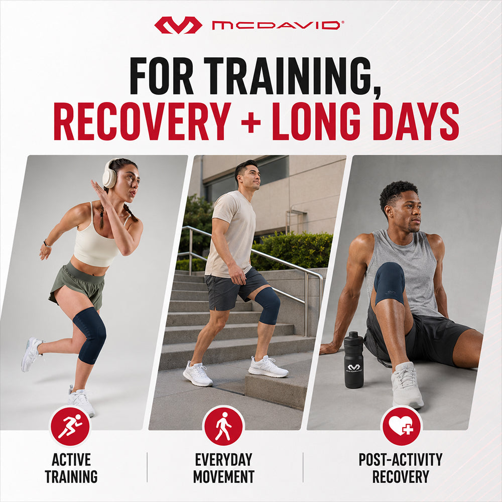 Three people wearing the Navy McDavid Buttersoft knee sleeve while running, climbing stairs, and resting after exercise. The sleeve is made for active training, everyday movement, and post-activity recovery.
