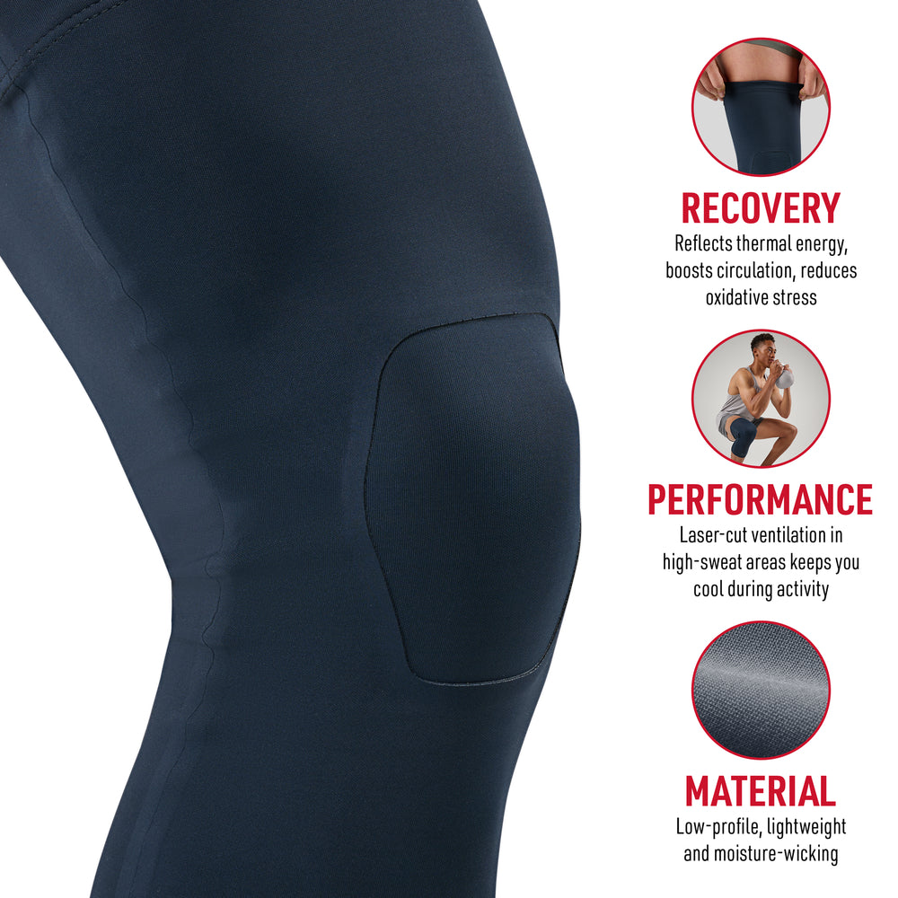 Close-up of navy Infused Buttersoft knee sleeve on a person's leg, showing benefits: reflects thermal energy and boosts circulation for recovery, laser-cut ventilation for cooling performance, and low-profile moisture-wicking material