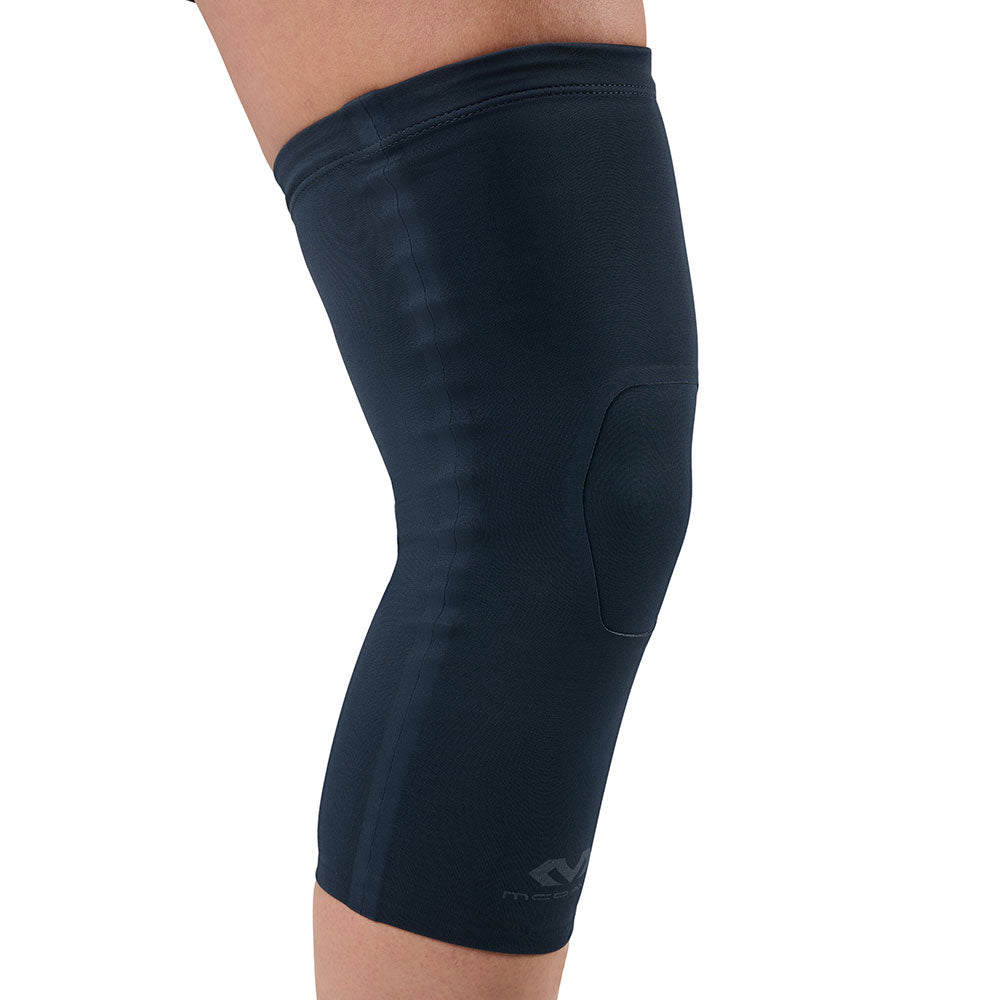 McDavid Infused Therapy Buttersoft Knee Sleeve - Knee sleeve shown on model (side view)