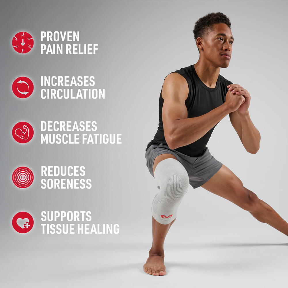 Man in a lunge wearing a heather gray Infused Knit knee sleeve, listing benefits: proven pain relief, increases circulation, decreases muscle fatigue, reduces soreness, supports tissue healing