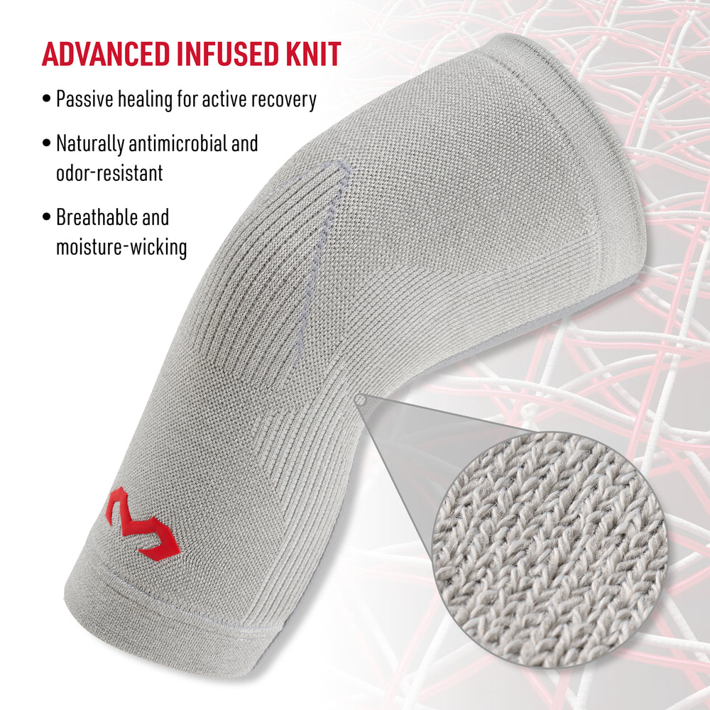 Close-up of heather gray Advanced Infused Knit knee sleeve showing knit fabric texture, highlighting passive healing, antimicrobial odor resistance, and breathable moisture-wicking design