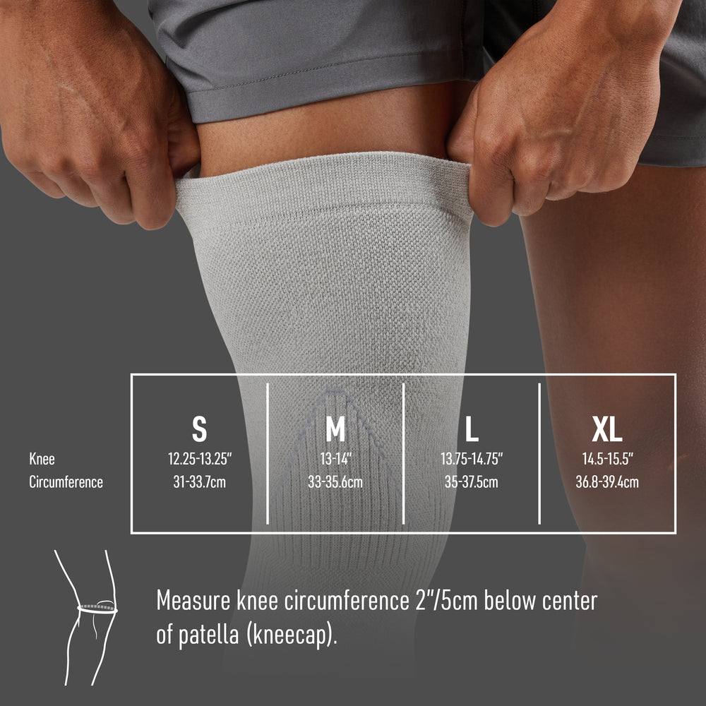 Knee sleeve size chart: Small 12.25-13.25 inches (31-33.7cm), Medium 13-14 inches (33-35.6cm), Large 13.75-14.75 inches (35-37.5cm), Extra Large 14.5-15.5 inches (36.8-39.4cm) knee circumference. Measure knee circumference 2 inches (5cm) below center of patella (kneecap).