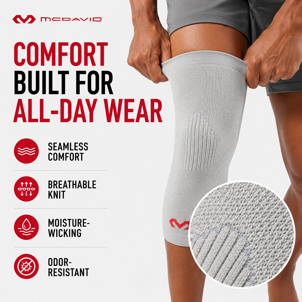 Person pulling on the gray McDavid Infused Therapy knee sleeve, with a close-up of its seamless, breathable, moisture-wicking, odor-resistant knit.
