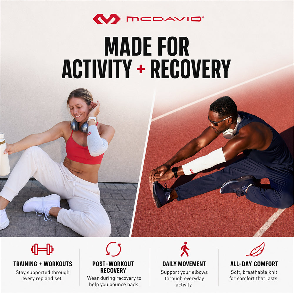 Two athletes wearing McDavid Infused Therapy elbow sleeves, one resting after a workout and one stretching on a track. The sleeves are designed for training, post-workout recovery, daily movement, and all-day comfort.