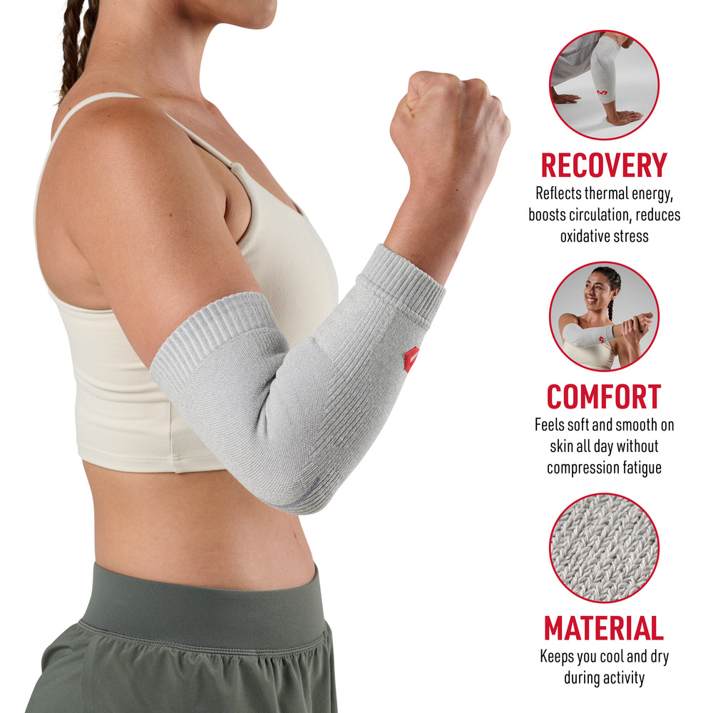 Woman wearing heather gray Infused Knit elbow sleeve with fist raised, showing benefits: reflects thermal energy and boosts circulation for recovery, soft smooth comfort without compression fatigue, and cool dry knit material