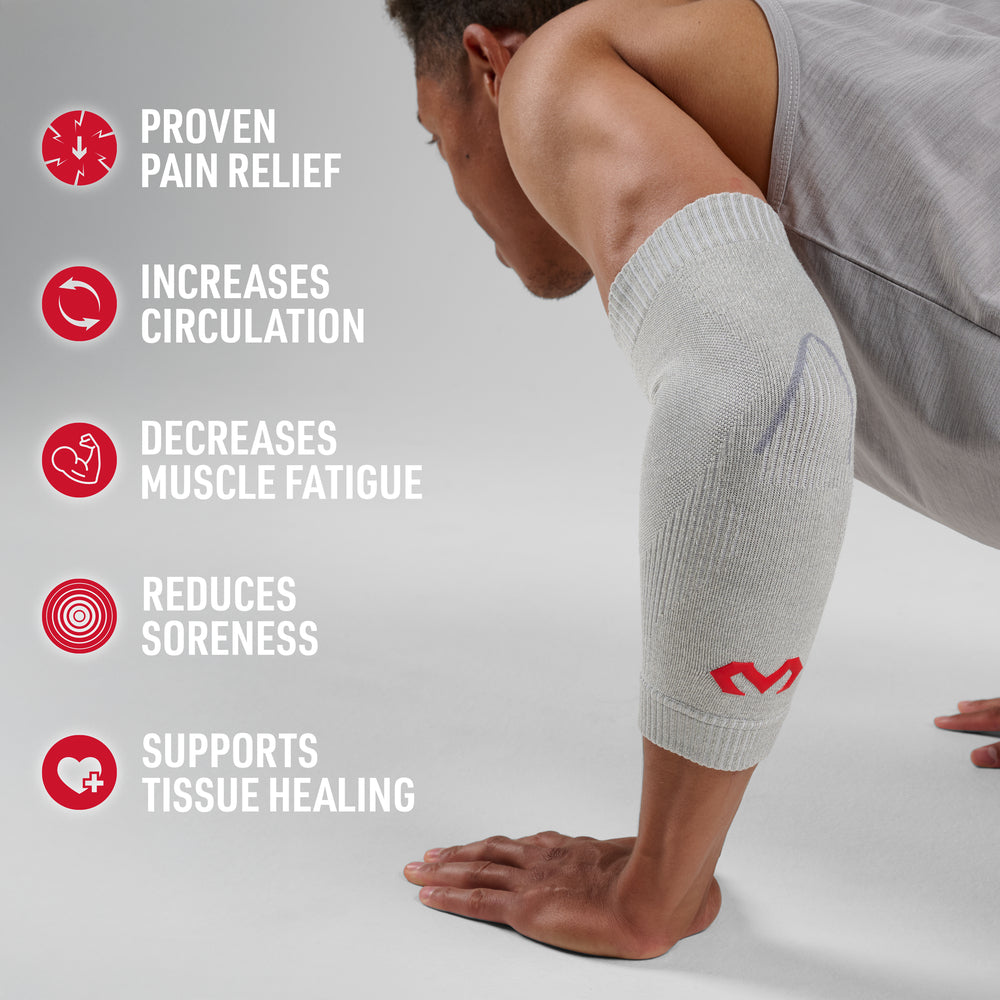 Man in plank position wearing heather gray Infused Knit compression sleeve on his calf, listing benefits: proven pain relief, increases circulation, decreases muscle fatigue, reduces soreness, supports tissue healing