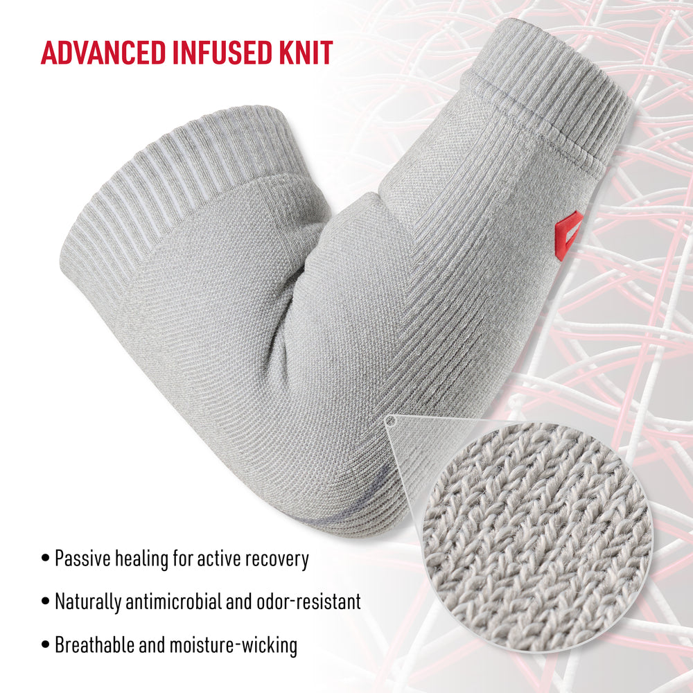 Close-up of heather gray Advanced Infused Knit elbow sleeve showing knit fabric texture, highlighting passive healing, antimicrobial odor resistance, and breathable moisture-wicking design