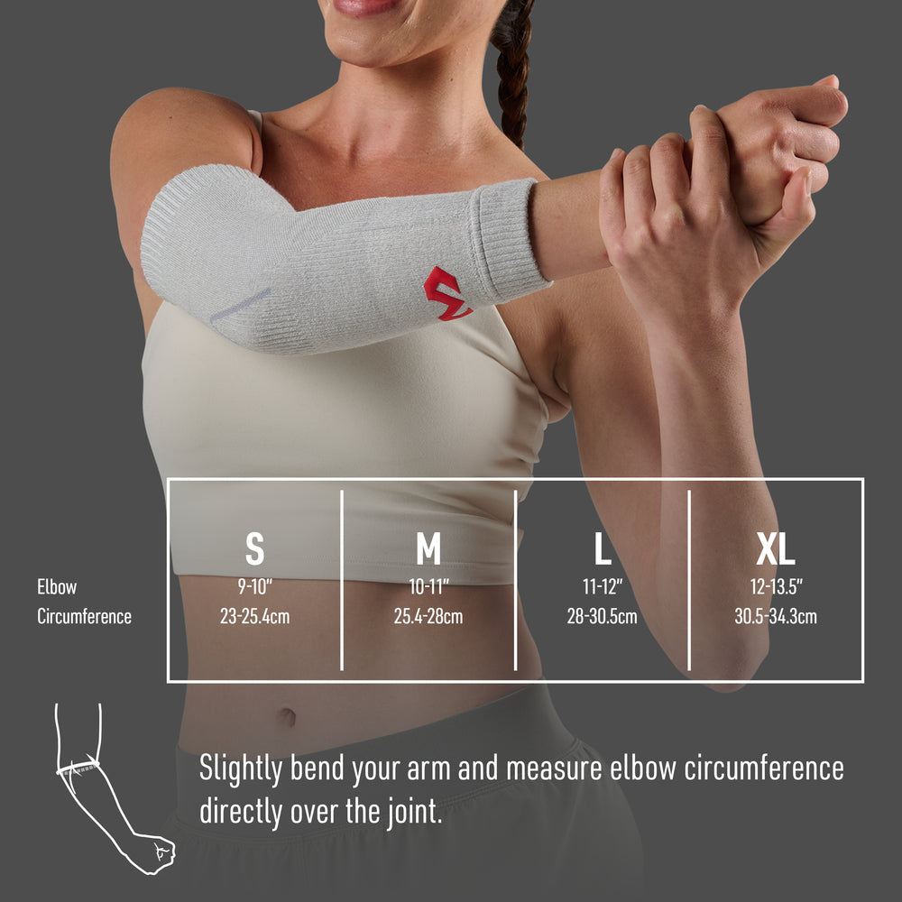 Elbow sleeve size chart: Small 9-10 inches (23-25.4cm), Medium 10-11 inches (25.4-28cm), Large 11-12 inches (28-30.5cm), Extra Large 12-13.5 inches (30.5-34.3cm) elbow circumference. To measure, slightly bend your arm and measure elbow circumference directly over the joint.