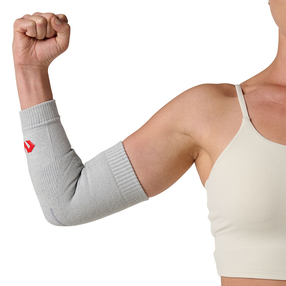 McDavid Infused Knit Elbow Sleeve - Grey- Shown on Model's Elbow - Side View