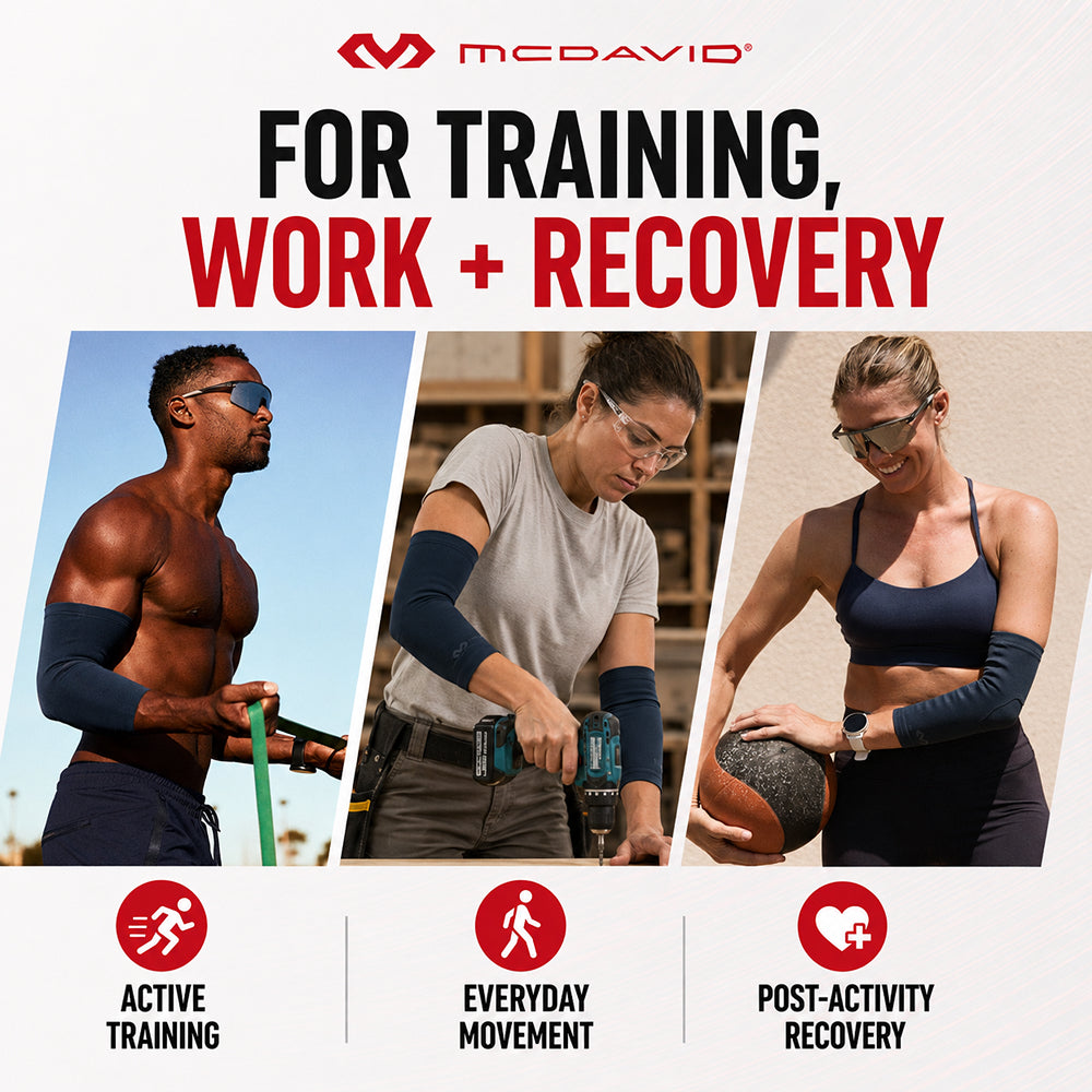 Three people wearing Navy McDavid Buttersoft Infused Therapy Elbow Sleeves: one exercising with a resistance band, one using a power drill, and one holding a medicine ball. The sleeve is made for active training, everyday movement, and post-activity recovery.