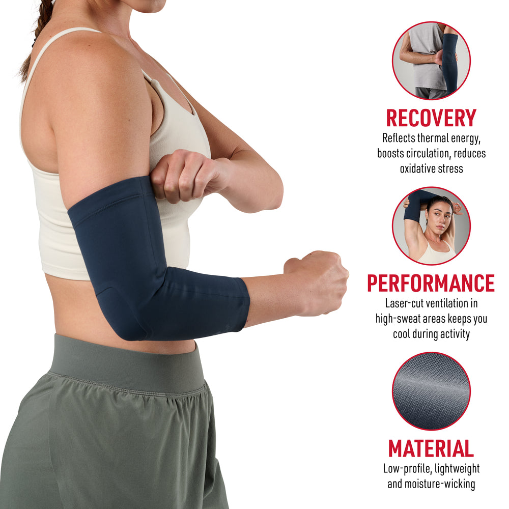 Woman wearing navy Infused Buttersoft elbow sleeve, showing benefits: reflects thermal energy and boosts circulation for recovery, laser-cut ventilation for cooling performance, and low-profile moisture-wicking material