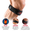 McDavid Knee Strap/Patella shown worn just below the kneecap, with callouts highlighting benefits: 'Relief – Helps relieve pain from tendonitis and arthritis,' 'Comfort – Non-slip and adjustable for custom fit,' and 'Focused – Applies constant uniform compression at the patellar tendon.