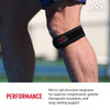 Close-up of a person wearing a McDavid Knee Strap/Patella just below the kneecap on an outdoor court. Text overlay reads: 'Performance – Micro-cell structure neoprene for superior compression, greater therapeutic insulation, and long-lasting support.' McDavid logo is visible in the corner.