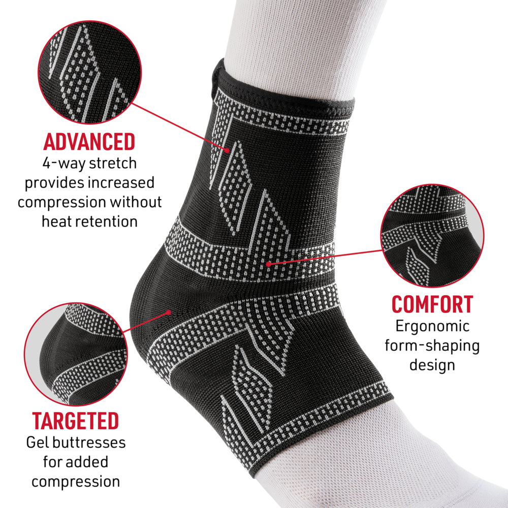 McDavid ELITE Engineered Elastic™ Ankle Sleeve with 4-way stretch compression, gel buttresses for targeted support, and ergonomic design for comfort. Compression sleeve shown on foot, ideal for injury recovery, ankle stability, and athletic performance without heat retention.
