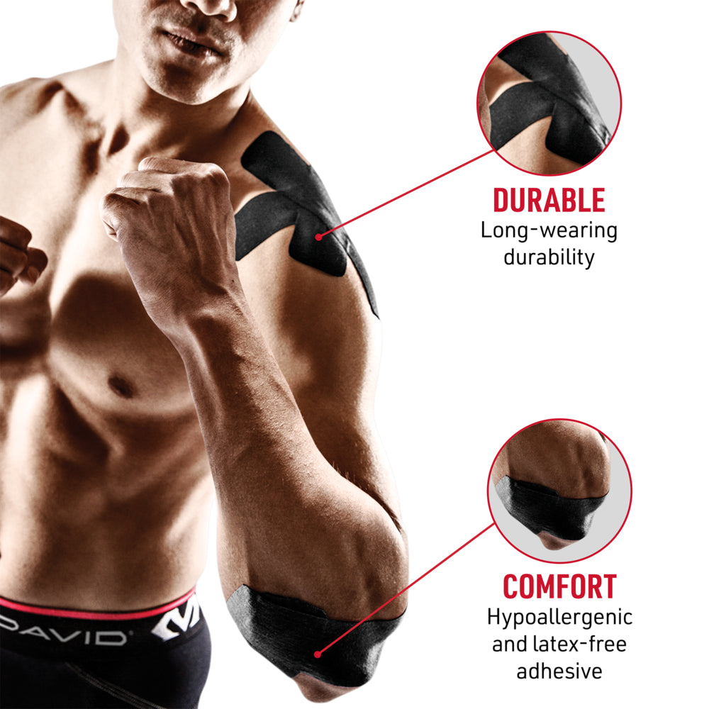 Male athlete wearing McDavid Kinesiology Tape/Single Roll on shoulder and forearm, demonstrating muscle support. Callouts emphasize long-lasting durability and hypoallergenic, latex-free adhesive for comfort. Athletic kinesiology tape designed to aid performance, recovery, and injury prevention.