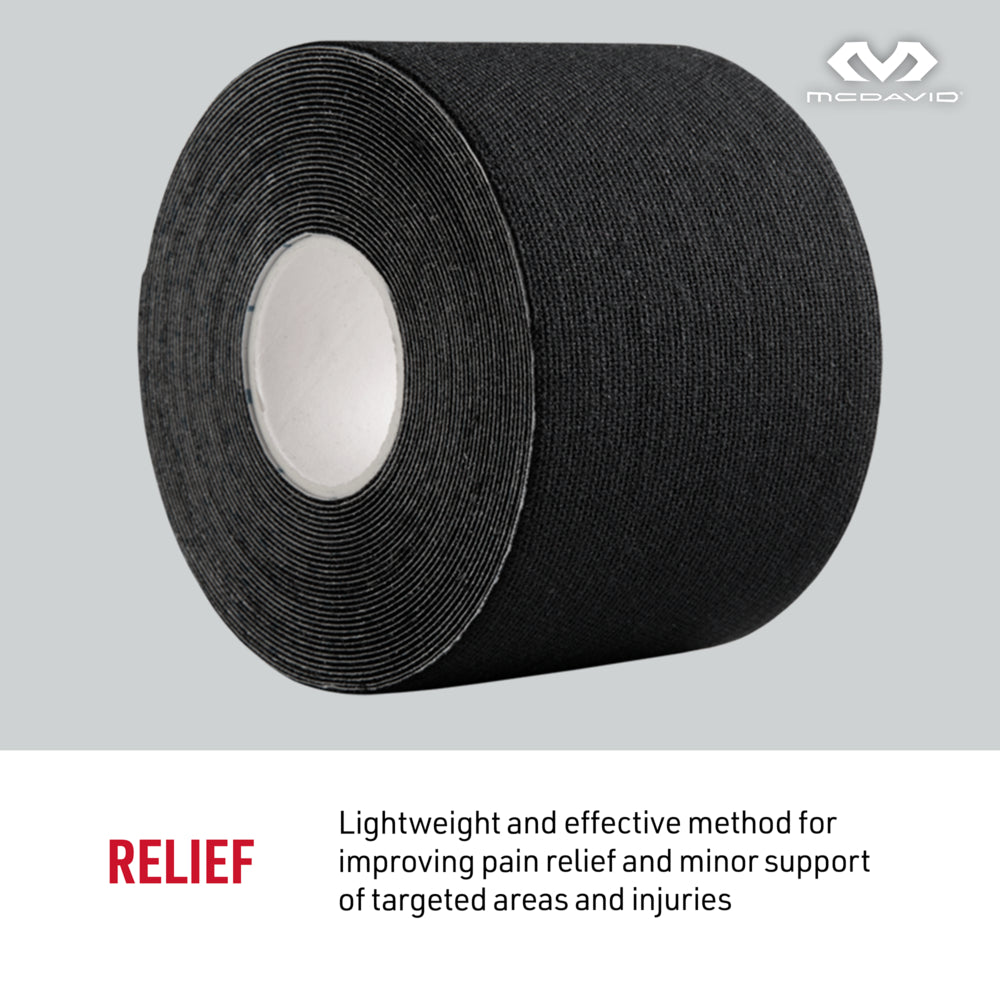 Close-up of McDavid Kinesiology Tape/Single Roll in Black, designed to provide pain relief and light support for joints and muscles. Athletic tape ideal for injury prevention, recovery, and targeted compression therapy.