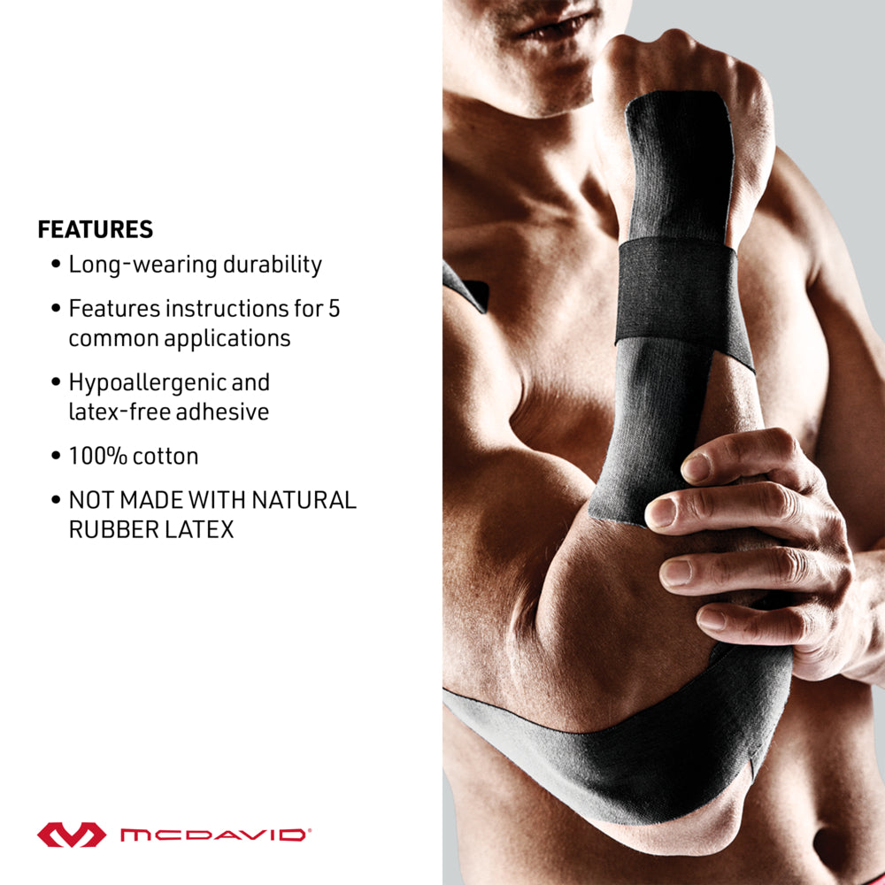 McDavid Kinesiology Tape/Single Roll applied to a male athlete’s arm and wrist, highlighting benefits including durable wear, hypoallergenic latex-free adhesive, 100%cotton material, and included instructions for 5 taping applications. Designed for joint support, muscle recovery, and injury prevention.
