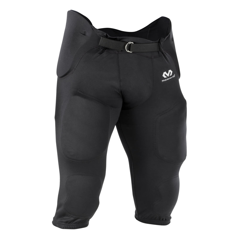 McDavid Rival Integrated Football Pant in black, front view showing integrated cup pocket, thigh and knee pads