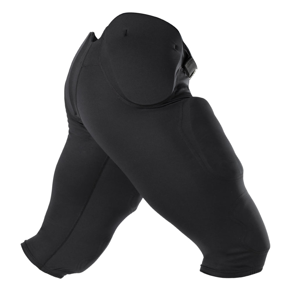 McDavid Rival Integrated Football Pant in black, product shot showing hip, thigh and knee pad placement