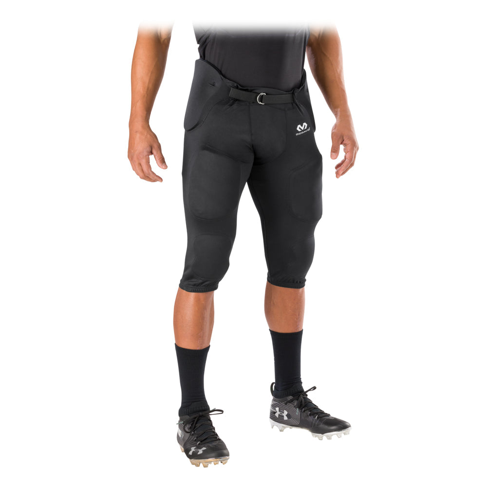McDavid Rival Integrated Football Pant in black, front view on model with waist belt and integrated padding