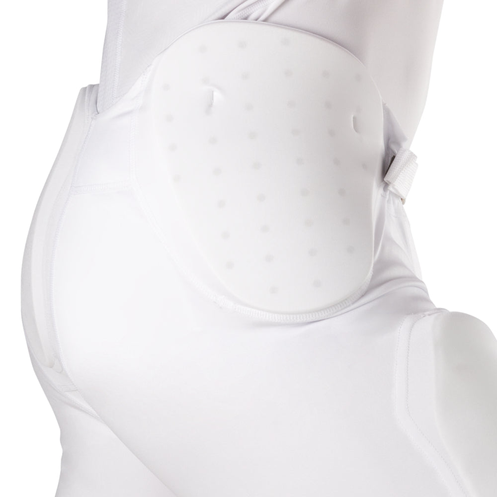 McDavid Rival Integrated Football Pant in white, close-up of hip pad with adjustable waist buckle