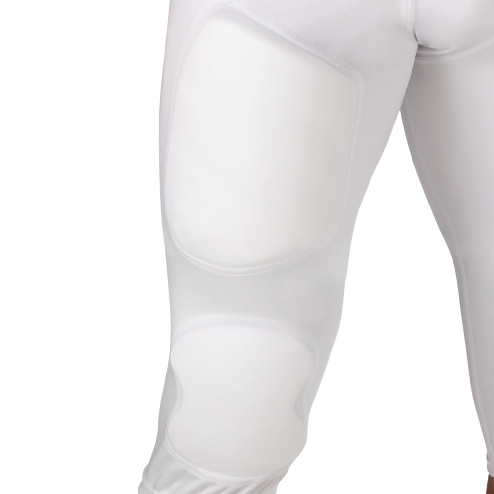 McDavid Rival Integrated Football Pant in white, close-up of thigh and knee pad placement