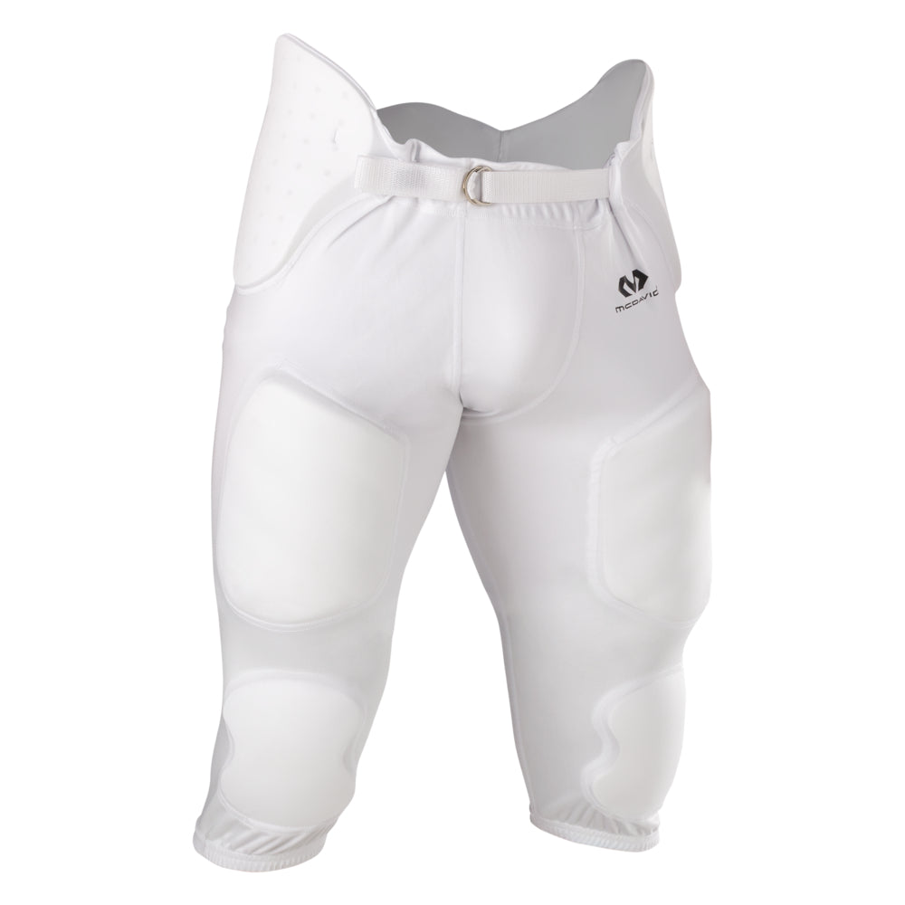 McDavid Rival Integrated Football Pant in white, front view showing integrated cup pocket, thigh and knee pads