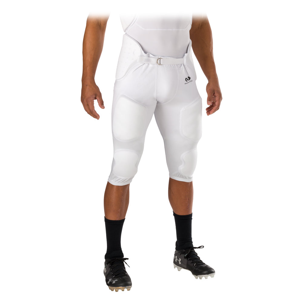 McDavid Rival Integrated Football Pant in white, front view on model with waist belt and integrated padding