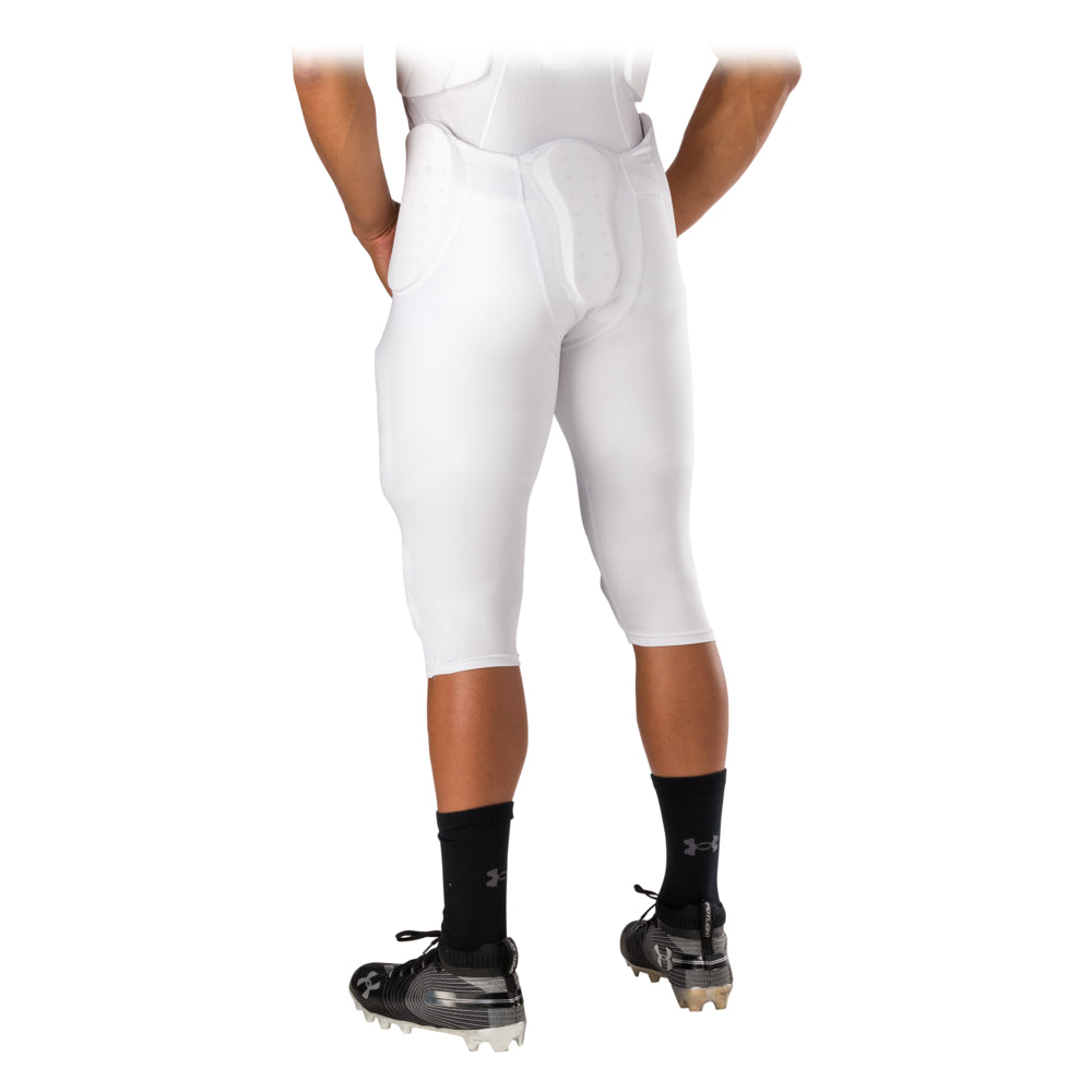 McDavid Rival Integrated Football Pant in white, back view on model showing pant fit and tailbone pad