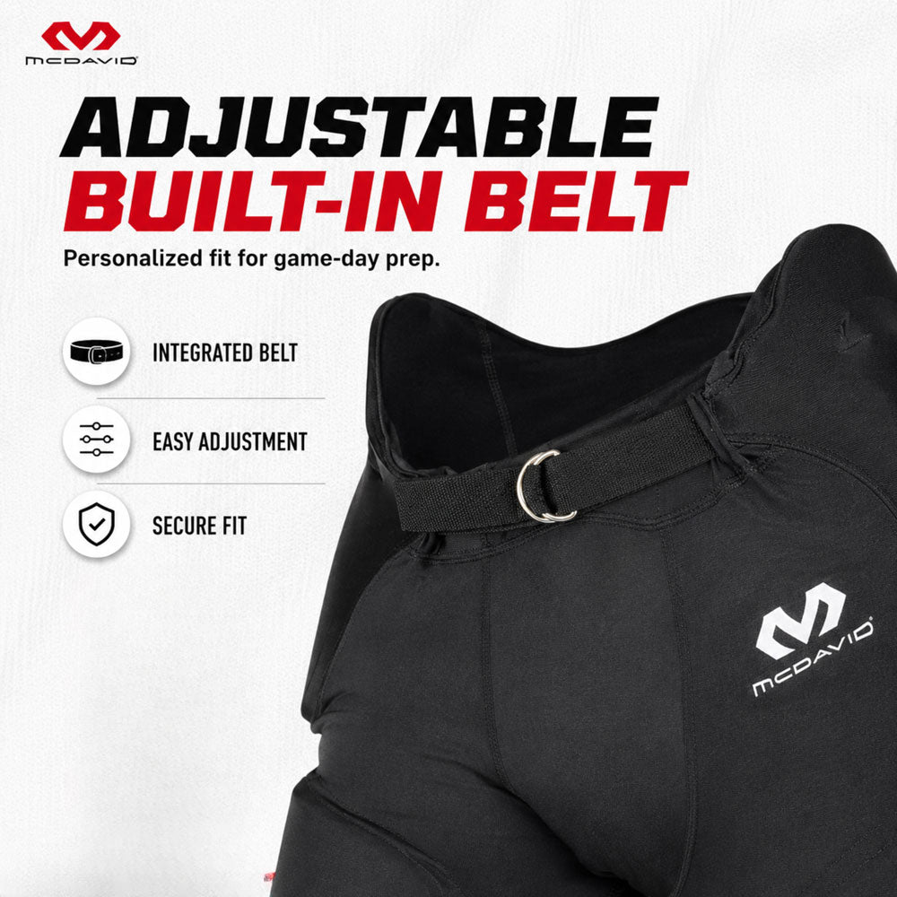 Close-up infographic of the adjustable built-in belt on McDavid Rival Football Pant, highlighting integrated belt, easy adjustment, and secure fit