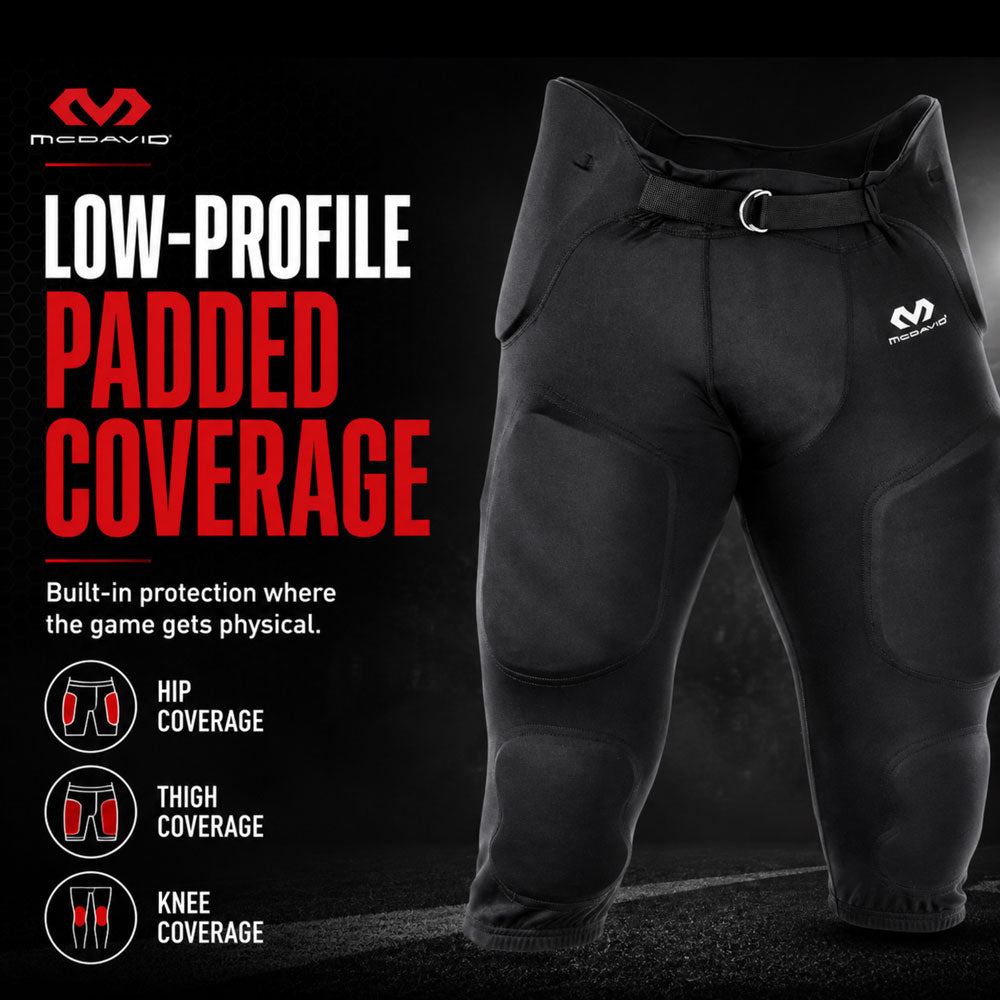 Infographic showing low-profile padded coverage on McDavid Rival Football Pant at hip, thigh, and knee zones