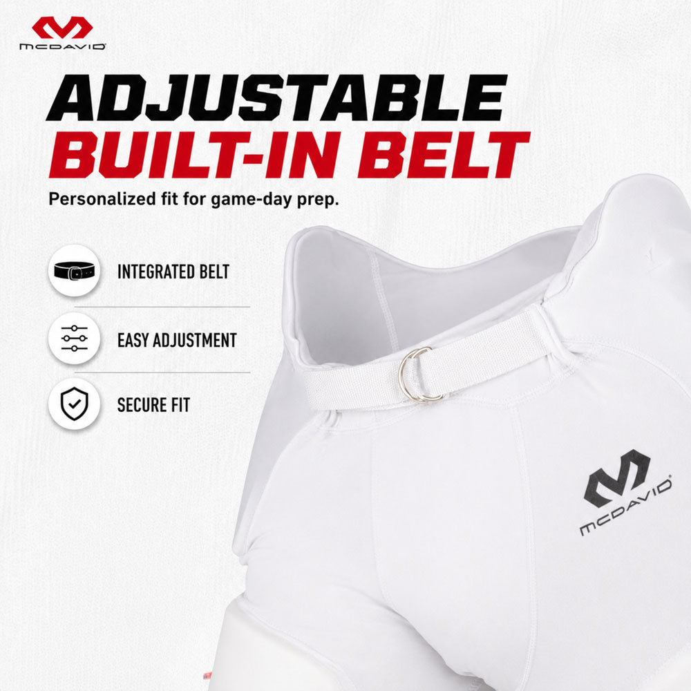 Close-up infographic of the adjustable built-in belt on McDavid Rival Football Pant, highlighting integrated belt, easy adjustment, and secure fit