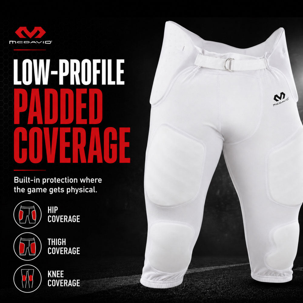 Infographic showing low-profile padded coverage on McDavid Rival Football Pant at hip, thigh, and knee zone