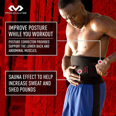 McDavid Waist Trimmer Tech Lifestyle Callouts: Improve Posture While You Workout - Posture Correct Provides Support To The Lower Back and Abdominal Muscles. | Sauna Effect To Help Increase Sweat and Shed Pounds
