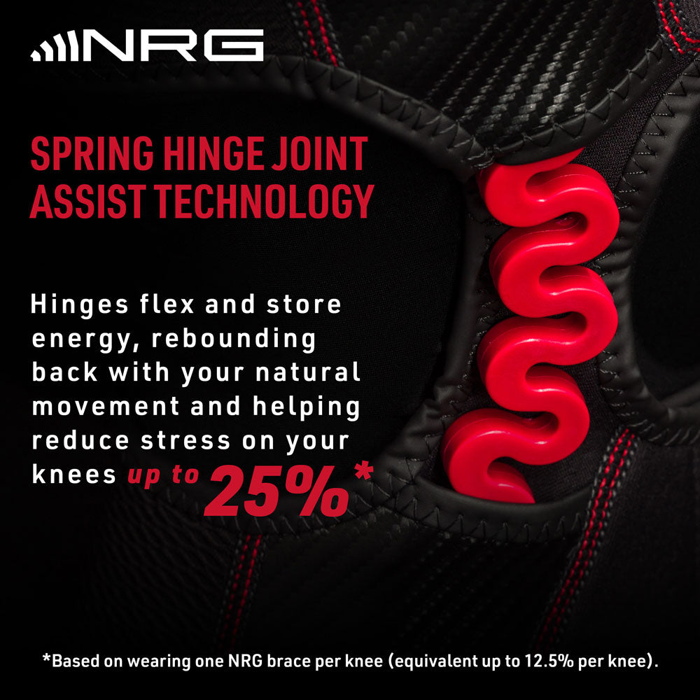 SPRING HINGE JOINT ASSIST TECHNOLOGY - Hinges flex and store energy, rebounding back with your natural movement and helping reduce stress on your knees up to 25%*  *Based on wearing one NRG brace per knee (equivalent up to 12.5% per knee).