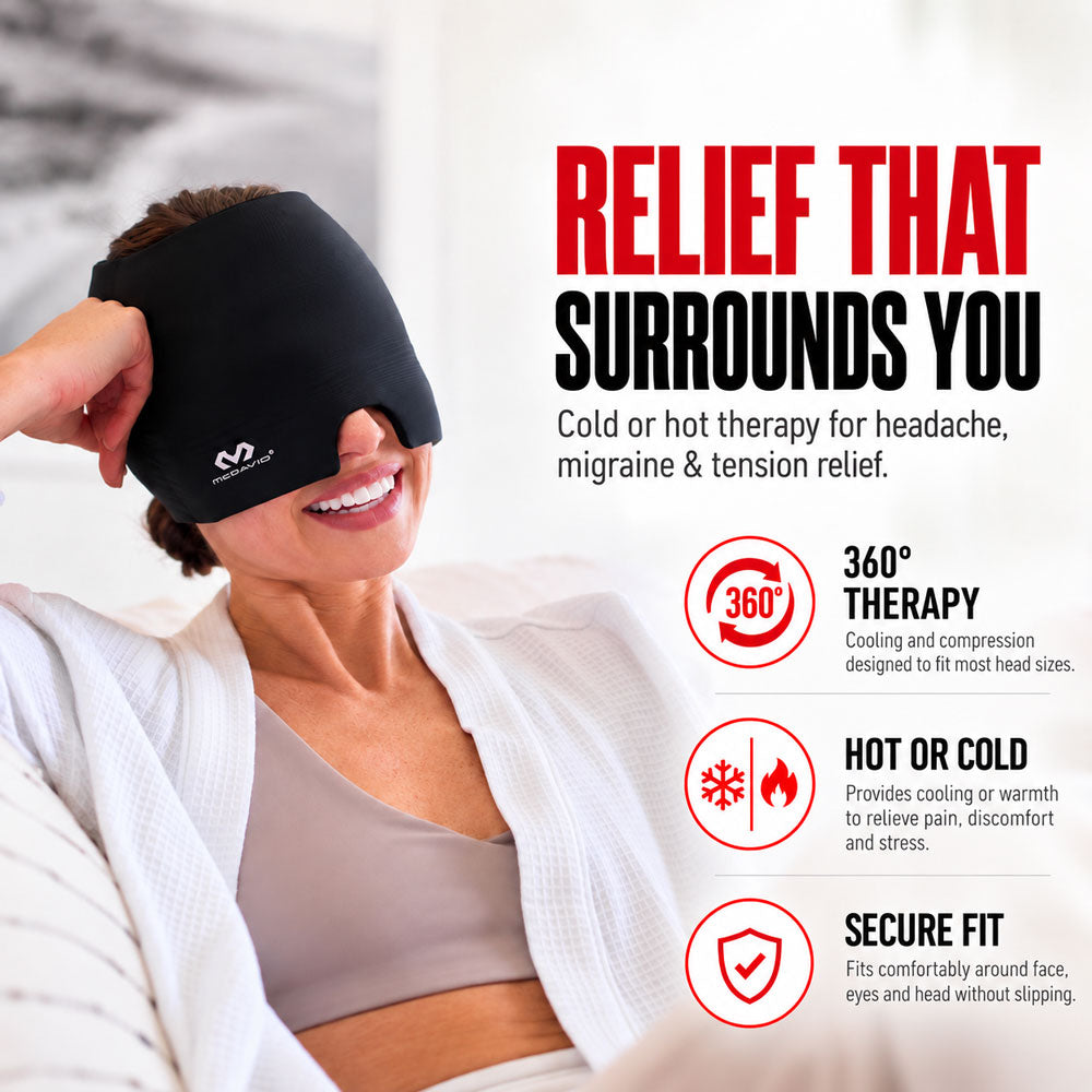 Woman relaxing on a couch while wearing the McDavid Flex Ice Therapy Migraine Cap, highlighting 360-degree coverage, hot or cold therapy, and a secure fit.