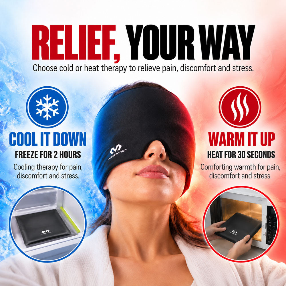 Woman wearing the McDavid Flex Ice Therapy Migraine Cap with instructions for cold therapy by freezing for 2 hours or heat therapy by microwaving for 30 seconds.