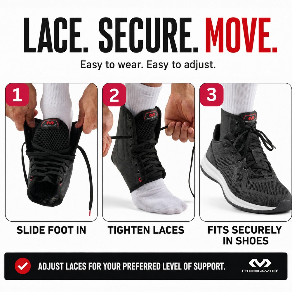 McDavid Ankle Brace/Lace-Up with Stays -  How-to graphic showing three steps: sliding foot into the black lace-up brace, tightening the laces, and the brace fitting securely inside a black sneaker, headline 'Lace. Secure. Move. Easy to wear. Easy to adjust.