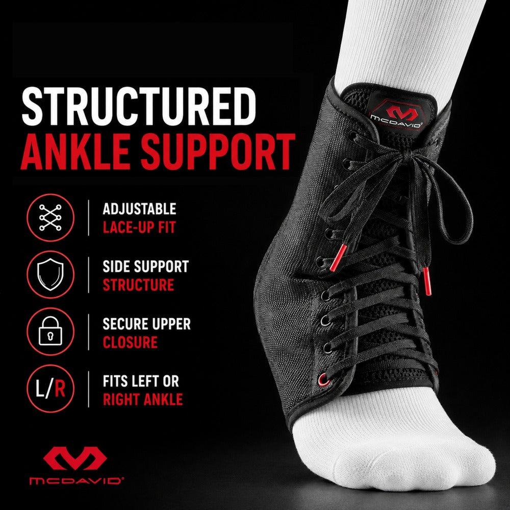 McDavid Ankle Brace/Lace-Up with Stays Product Graphic on a black background: black lace-up ankle brace worn over a white sock, headline 'Structured Ankle Support,' with icons for adjustable lace-up fit, side support structure, secure upper closure, and fits left or right ankle