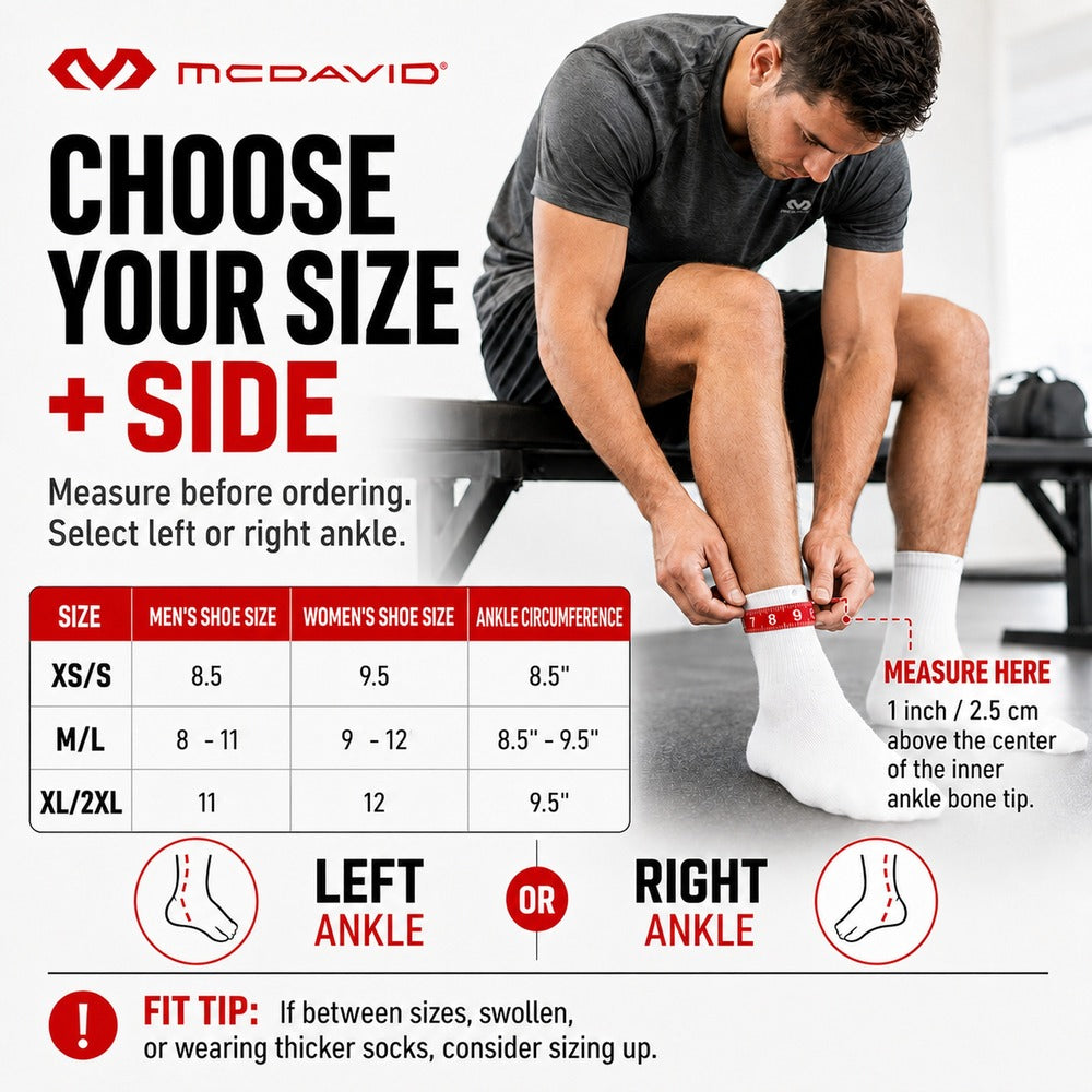 McDavid ELITE Bio-Logix™ Ankle Brace sizing graphic: man measuring his ankle circumference with a tape measure, headline 'Choose Your Size + Side,' with a size chart for XS/S, M/L, and XL/2XL by shoe size and ankle circumference, plus left/right ankle selection icons and a fit tip for sizing up if swollen or between sizes.